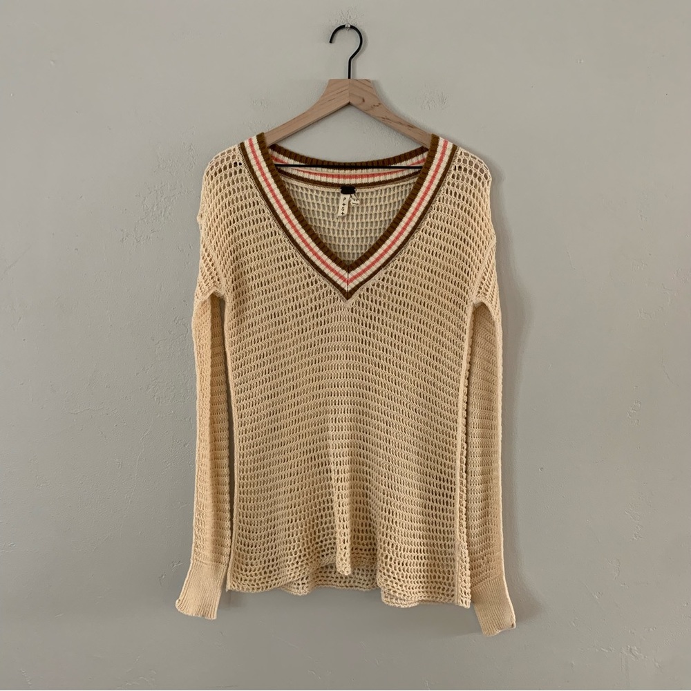 Free People We The Free Cream V-Neck Crochet Open Knit Pullover Sweater